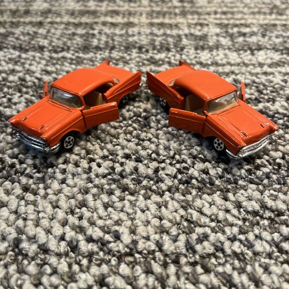 Pair (2) VTG Ertl Orange 57 Chevy Bel Air 1/64 Die-cast Car Open Doors Hong Kong - Picture 3 of 16